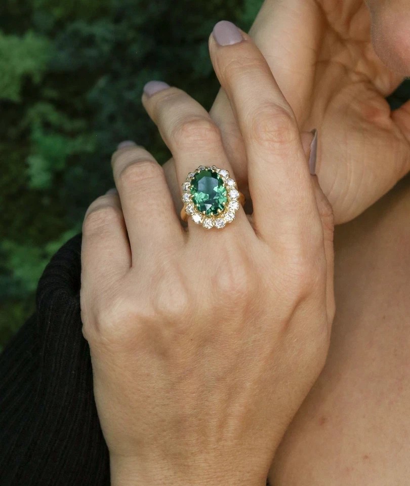 3.65 Ct Oval Cut Natural Emerald & Diamond Engagement Ring 14K Solid Yellow Gold