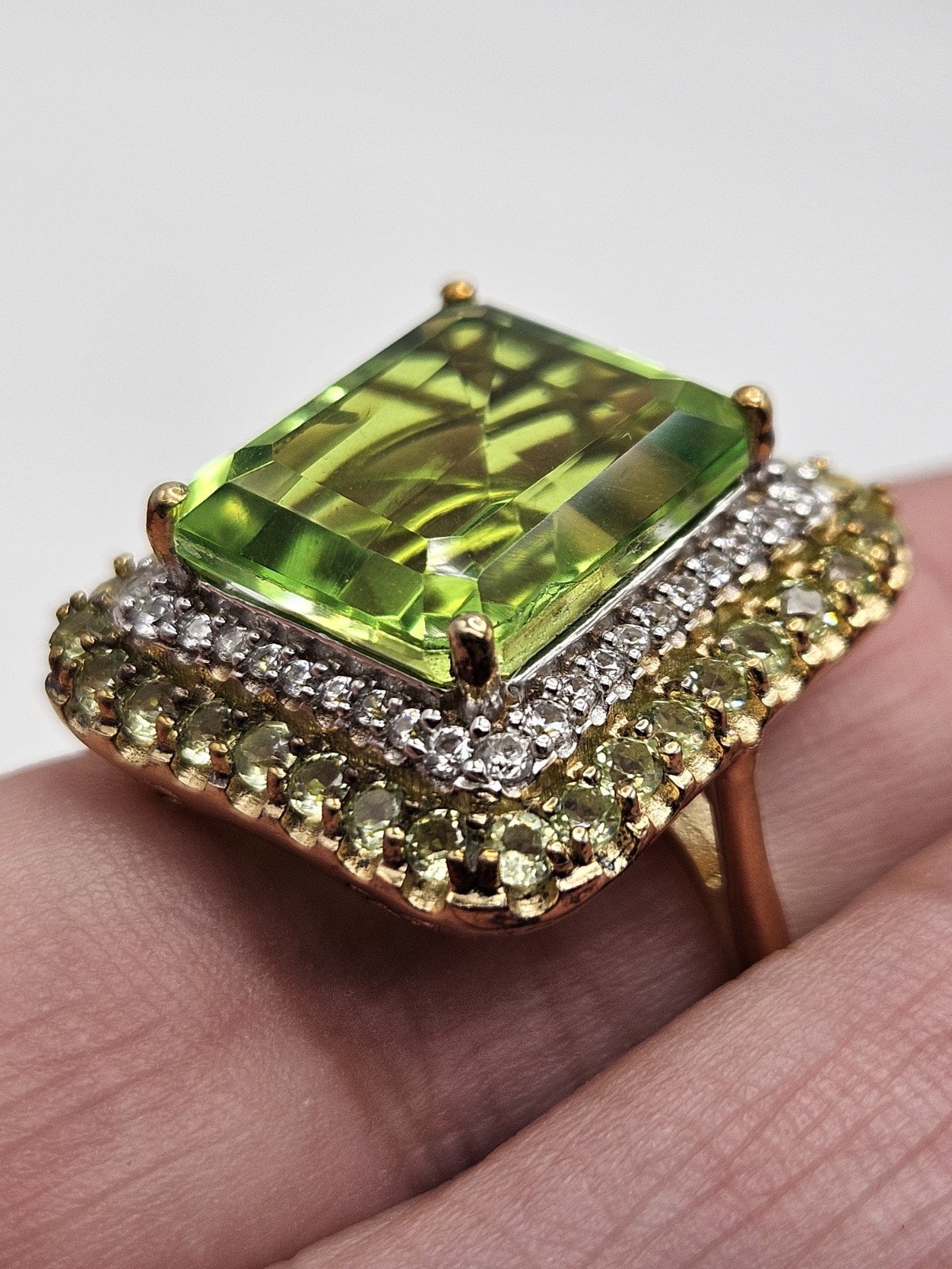Sterling Silver Vermeil Chartreuse Quartz Multi Gemstone Double Halo Ring Size 9