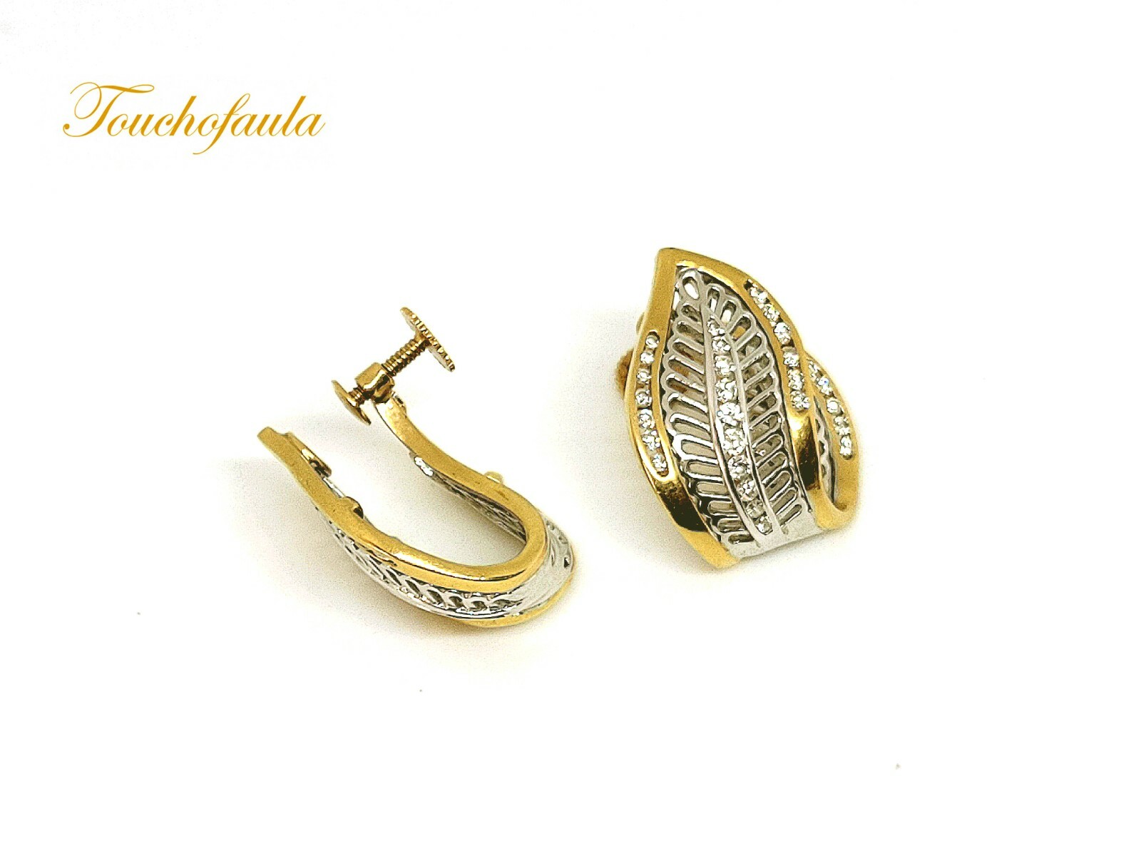 18K TWO TONE GOLD FOLDED LEAF EARRINGS WITH DIAMONDS NONE PIERCED SCREW ON.