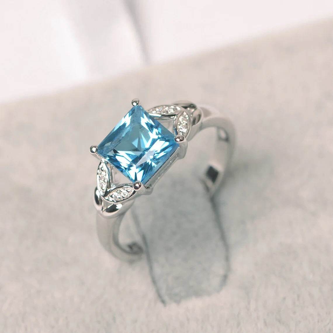 Swiss Blue Topaz Square Stone 925 Sterling Silver Designer Women Luxurious Ring