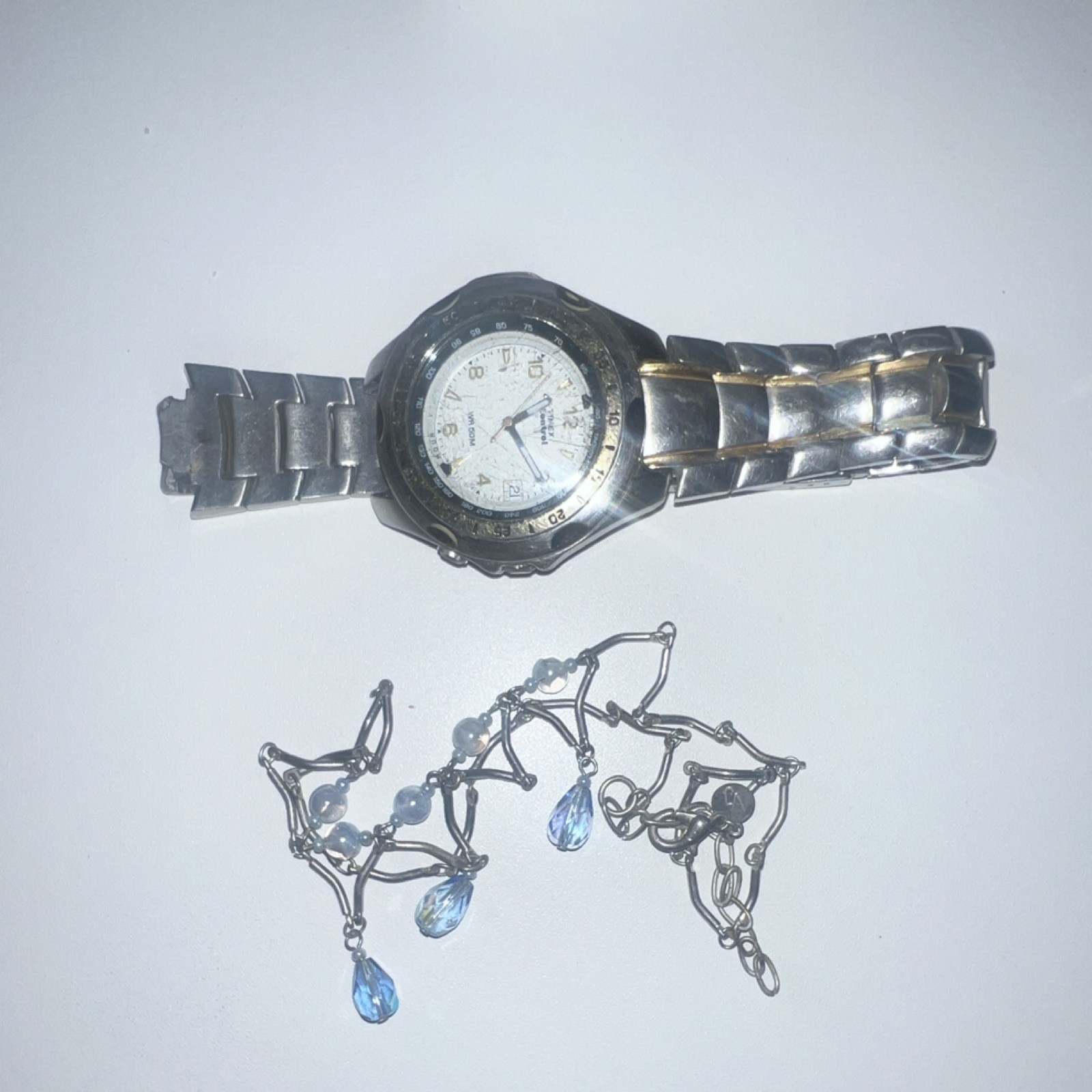 Vintage Damaged Silver Tone Blue Crystal Briolette drops & Watch
