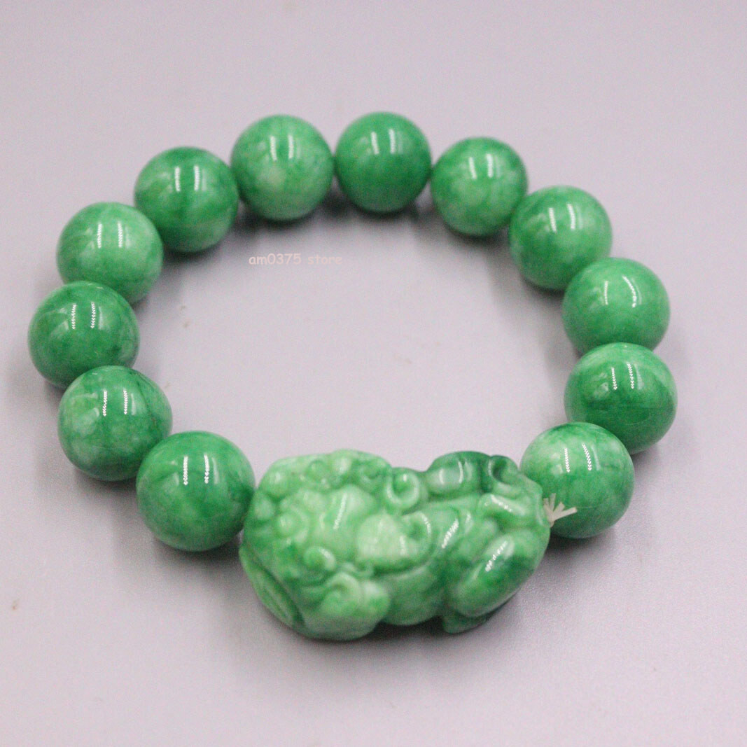 Real Jadeite Jade Pixiu Dragon Bracelet Women Men 14mm Round Ball Bead Link