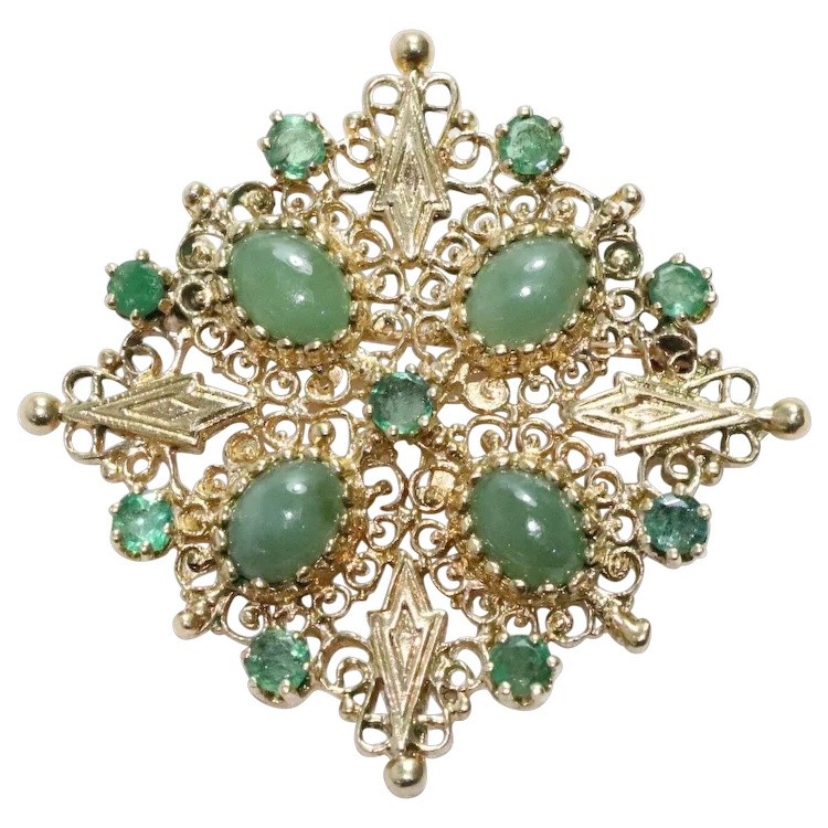 Vintage 14K Yellow Gold Jade Filigree Brooch Pendant