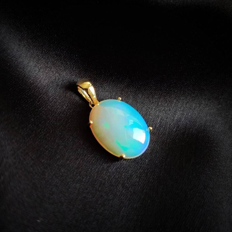 Without Chain 14K Yellow Gold Natural Ethiopian Opal Dainty Pendant Jewelry