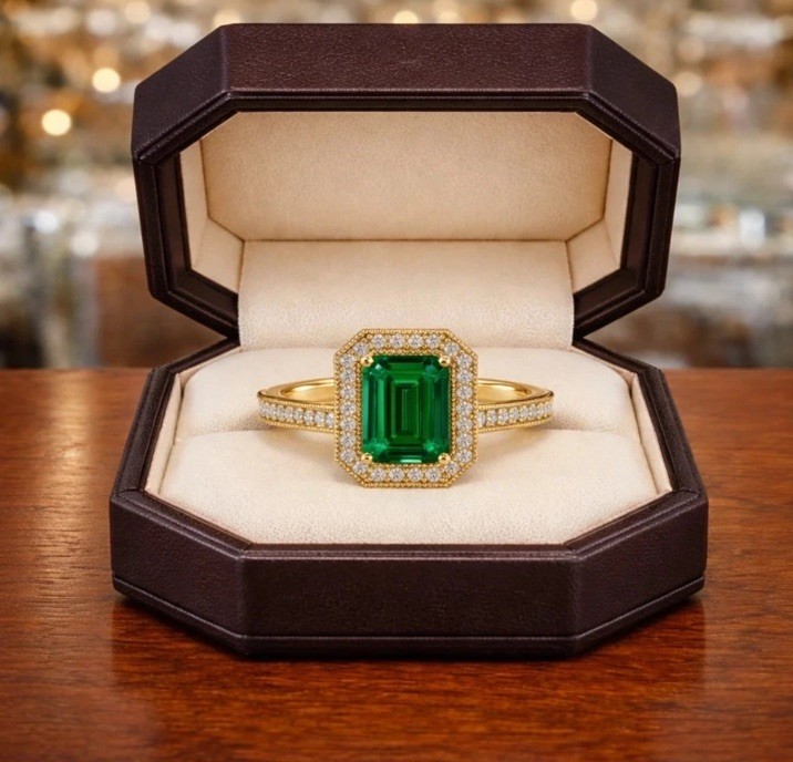 18k Solid Gold Emerald Diamond Ring Natural Zambian Emerald Ring