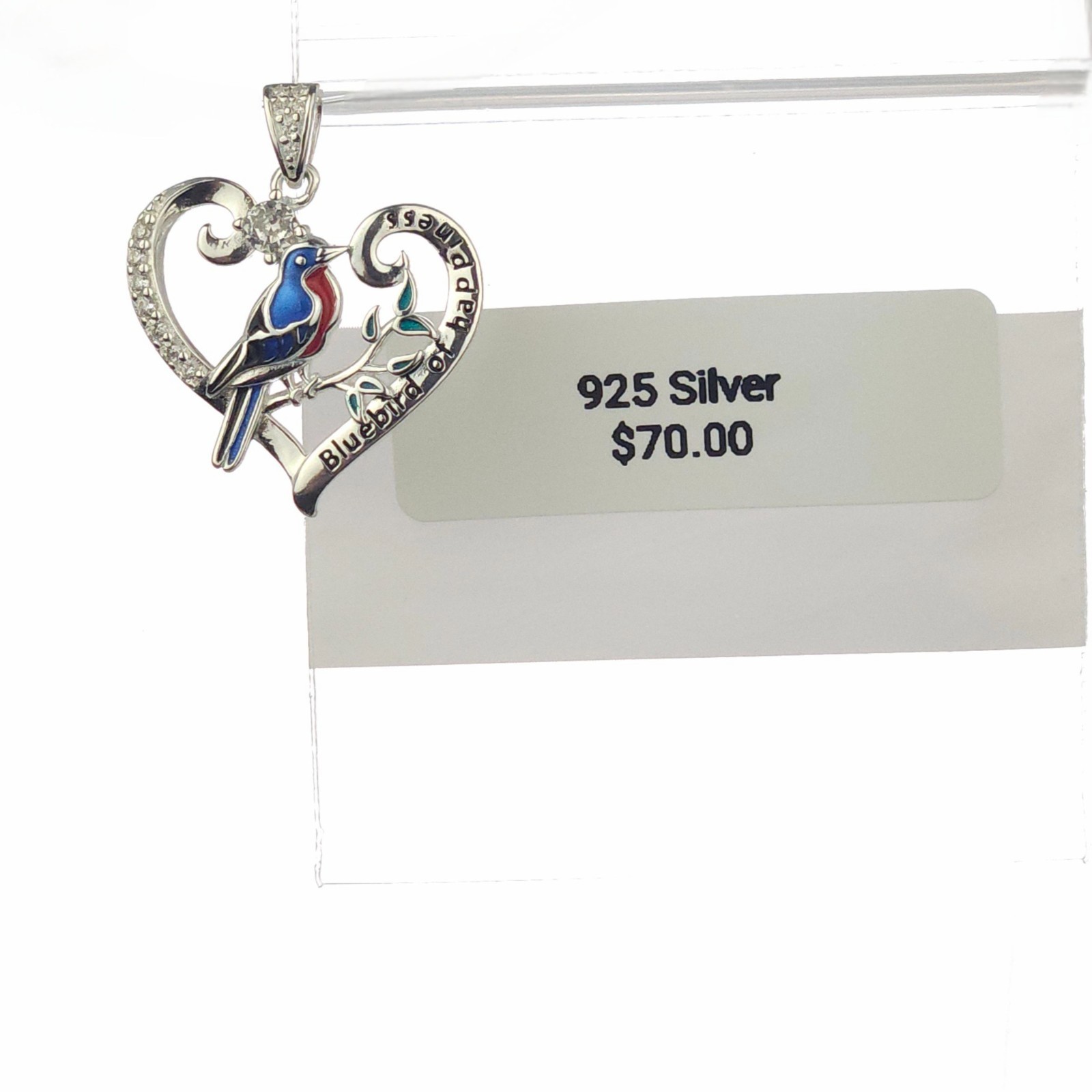 Solid 925 Sterling Silver Sparkly Bluebird Of Happiness Multicolor Heart Pendant