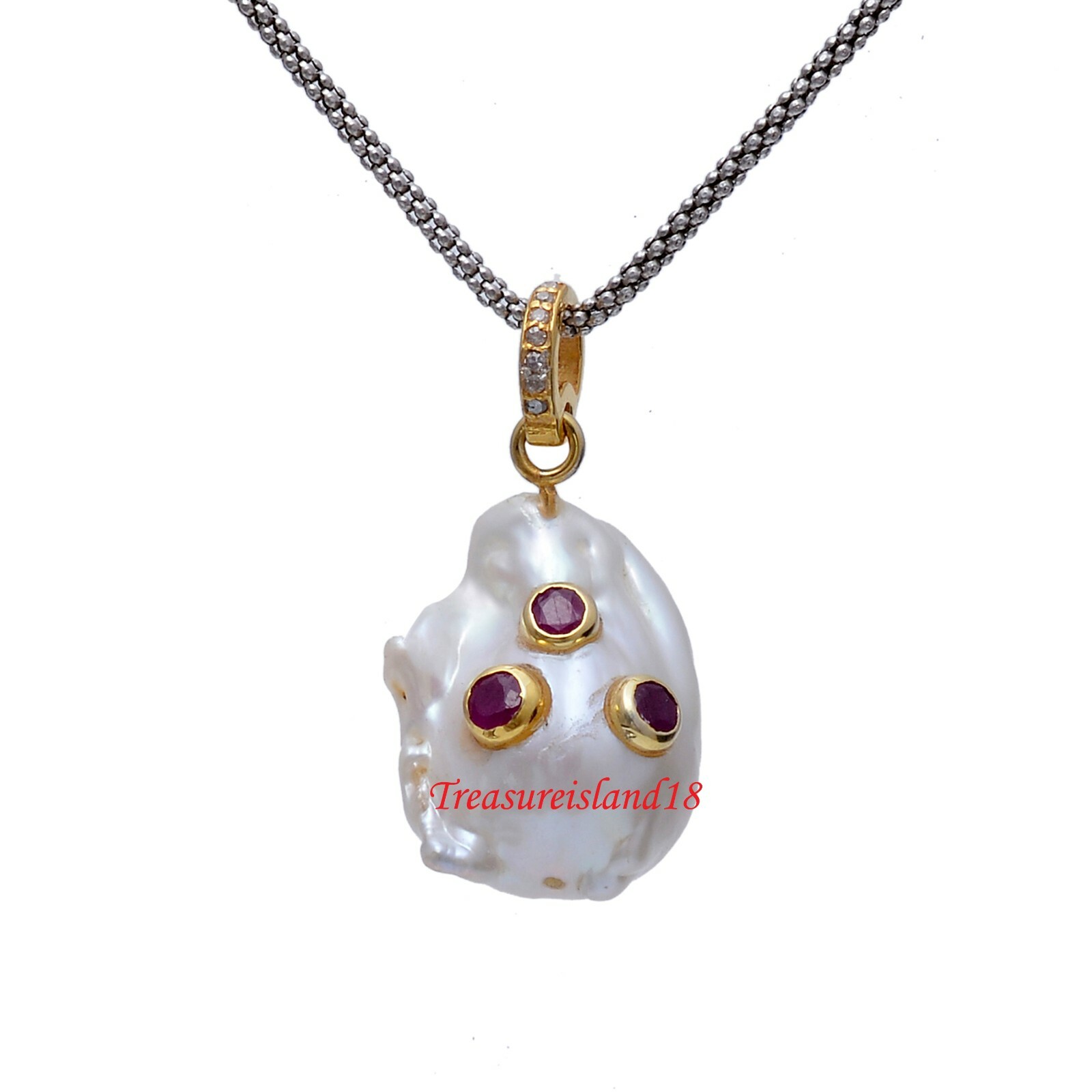 925 Sterling Silver Diamond Ruby Baroque Pearl Pendant,Pave Diamond Pendant,Ruby