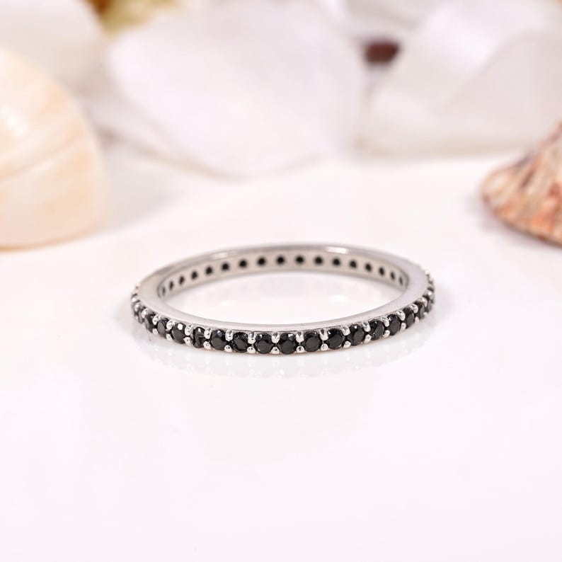 Natural Look Black CZ Ring 925 Sterling Silver Eternity Wedding Stacking Band