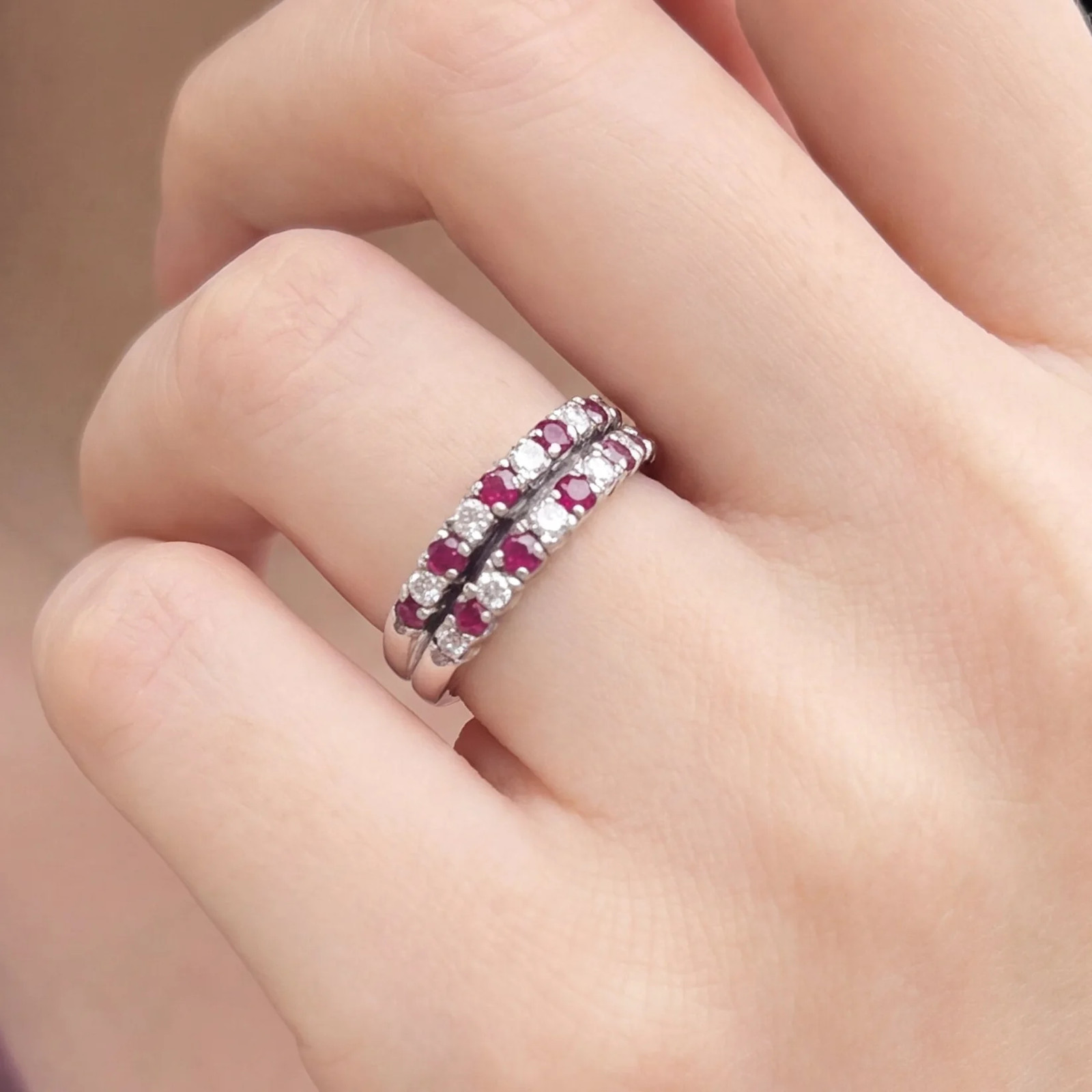 Ruby and Diamond Double Row Stacker in 18k White Gold