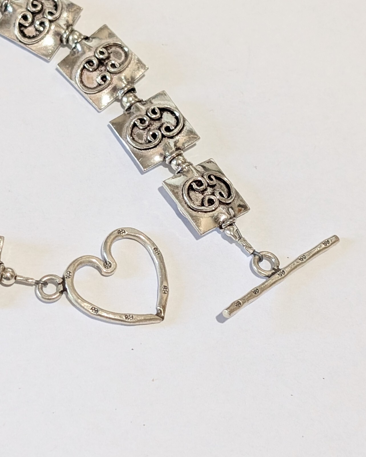 Solid Sterling Silver Heart Scroll Square Charm 8.25″ Toggle Bracelet 27 Grams