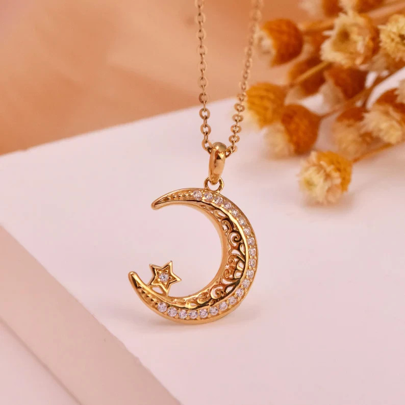 1Ct Round Cut Real Moissanite Half Moon Women’s Pendant 14K Yellow Gold Plated