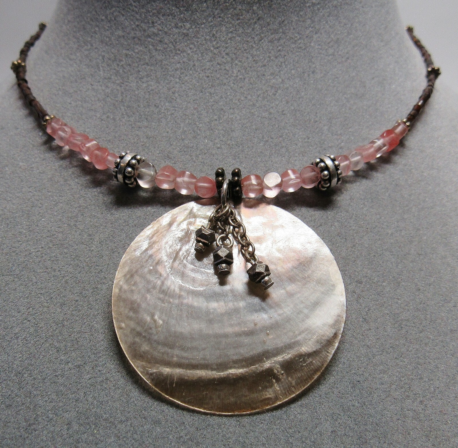 Sterling 925 Silver Adjustable Length Stone Shell Pink Tribal Beach Necklace