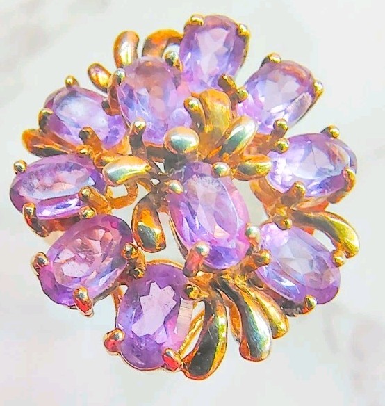 Gold Vermeil Over 925 Silver Amethyst Cluster Ring • 4.50ctw • Size 6.75 • 6.14g