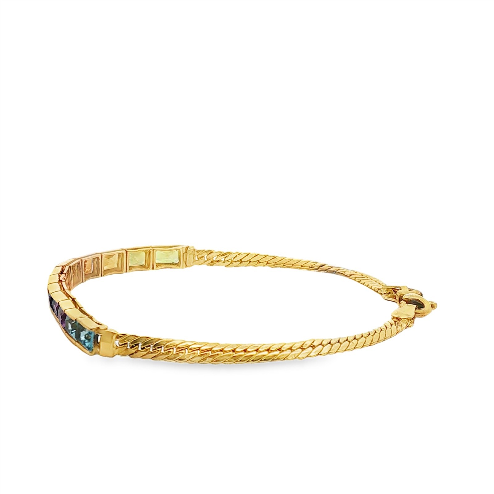 Vintage 18KY Multi-Gemstone Rectangle+Curb Link Bracelet – 7.25″