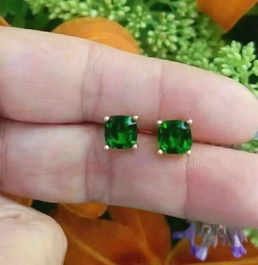 Women’s Stud Earrings 2Ct Cushion Cut Lab Created Emerald 14K Yellow Gold Plated