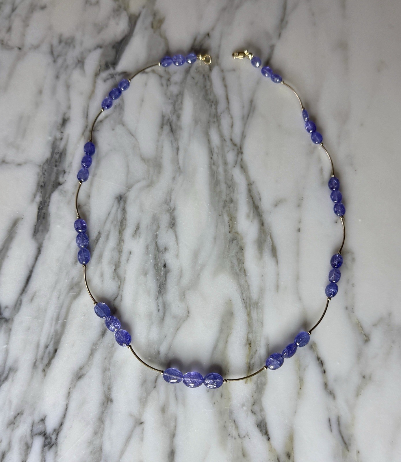 14k Solid Yellow Gold Scalloped Tanzanite Station Necklace 19 Inches