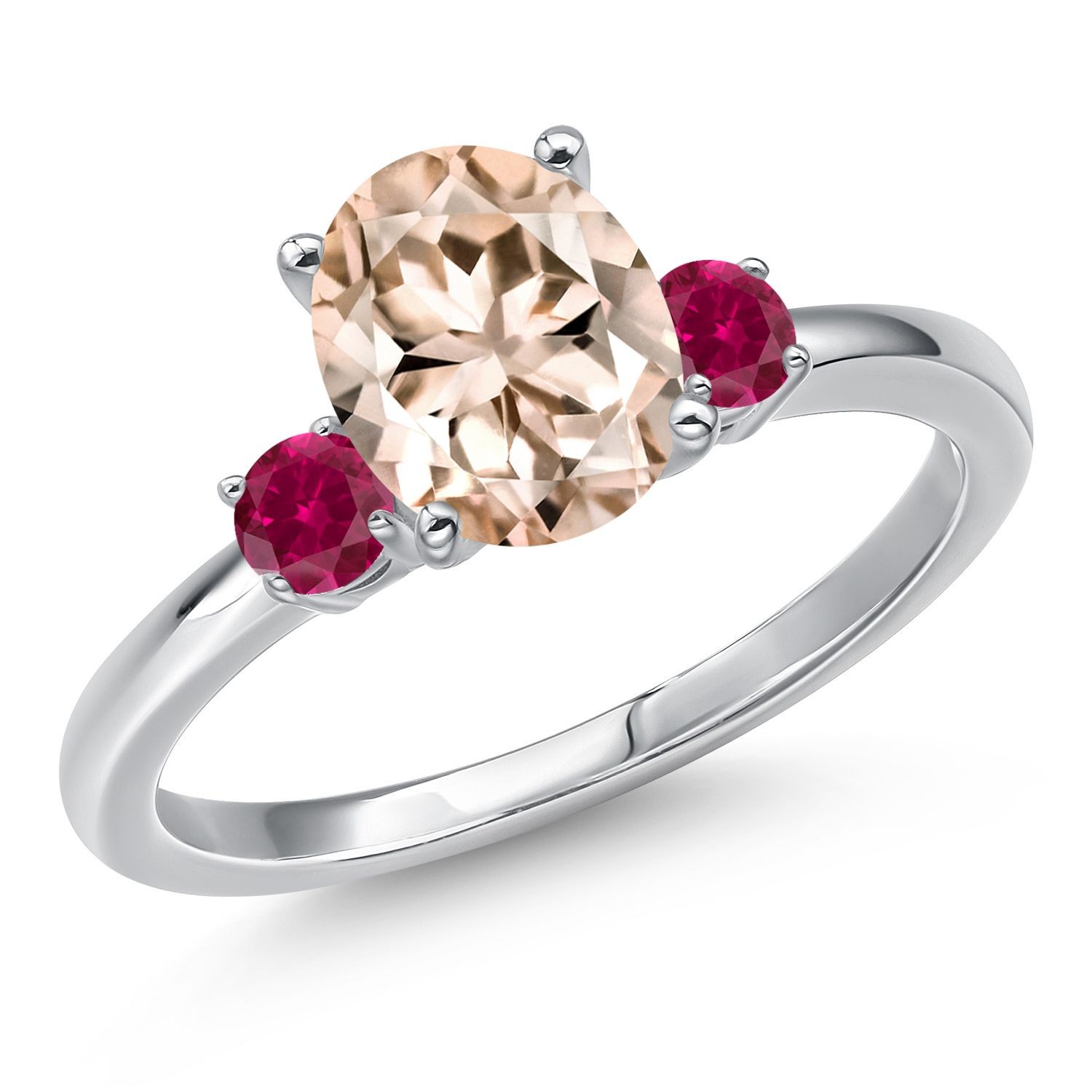 1.88 Ct Oval Peach Morganite Red Created Ruby 14K White Gold Ring