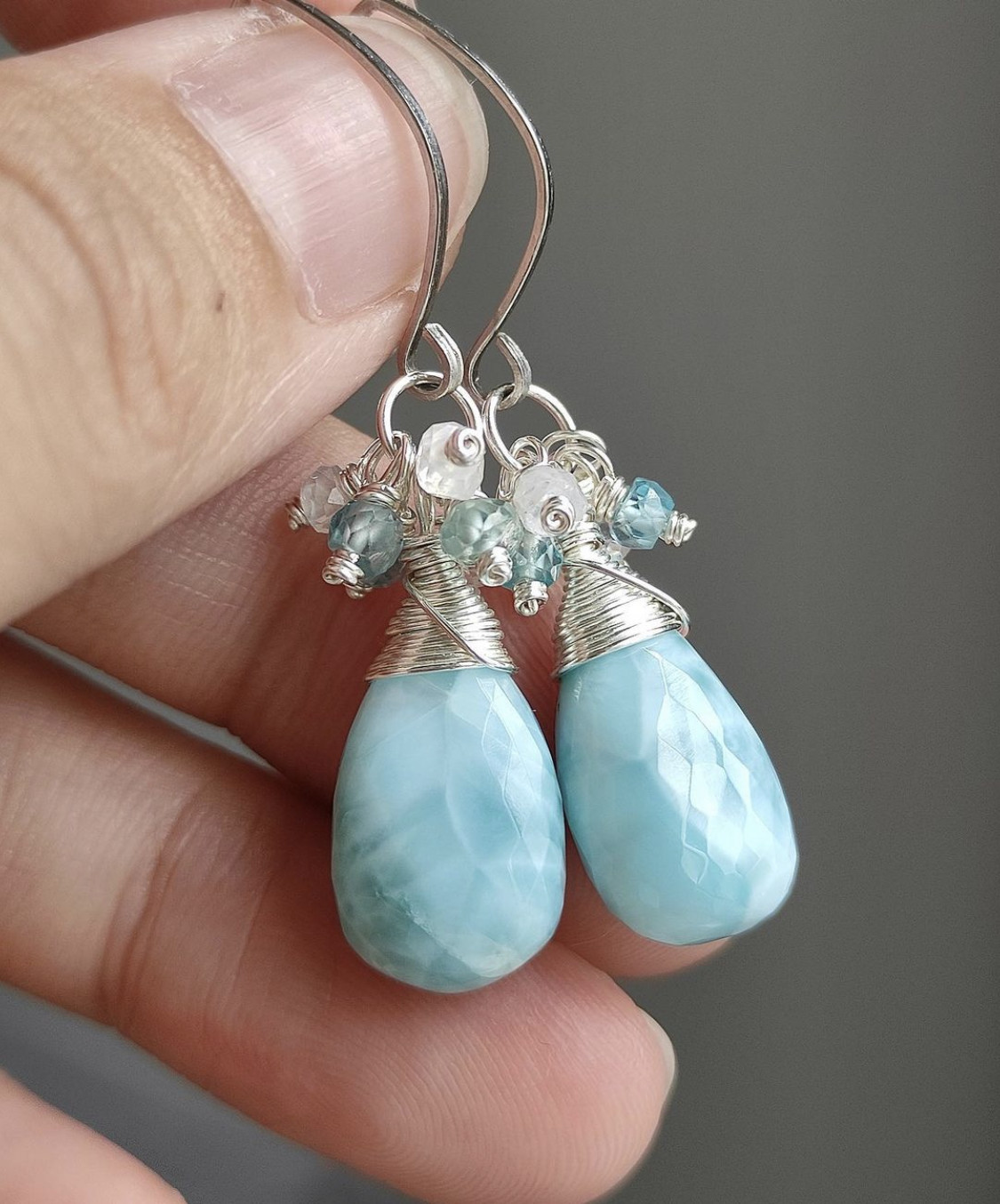 Larimar Aquamarine moonstone gemstone 925 sterling silver earrings jewelry Gift