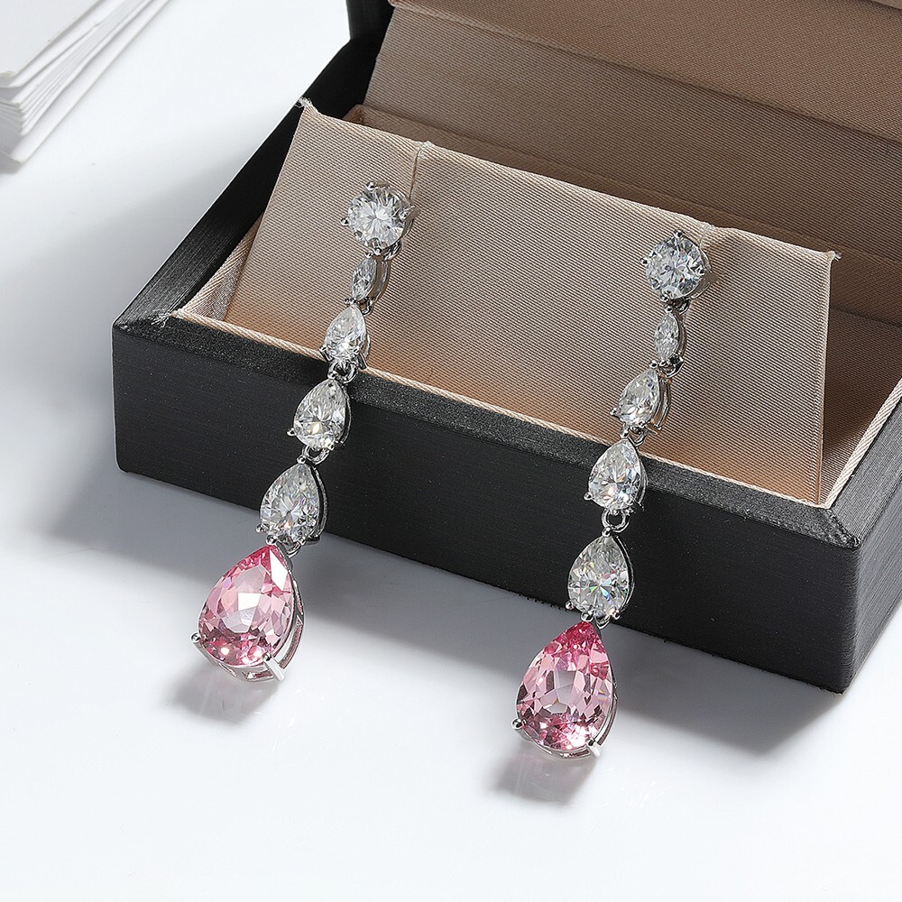 Pear Cut Padparadscha Lab Grown Diamond Drop Dangle Earrings 925 Sterling Silver