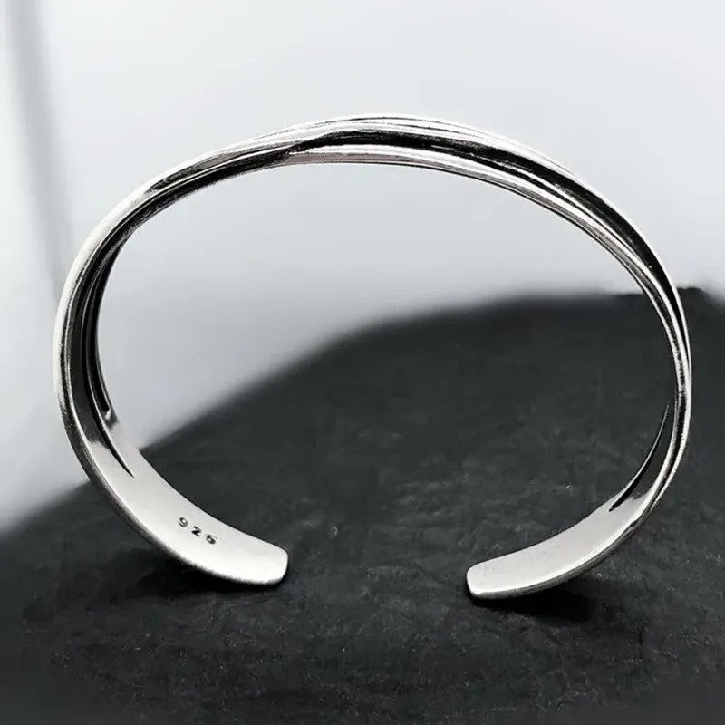 925 Sterling Silver Braided Wave Open Bangle Geometric Cuff Bracelet SL037