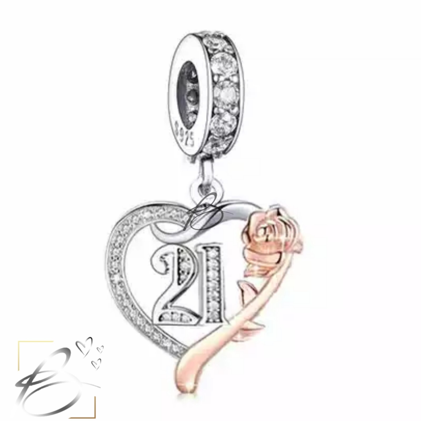 💖 21st Birthday Charm Rose Heart CZ Genuine 925 Sterling Silver Bead