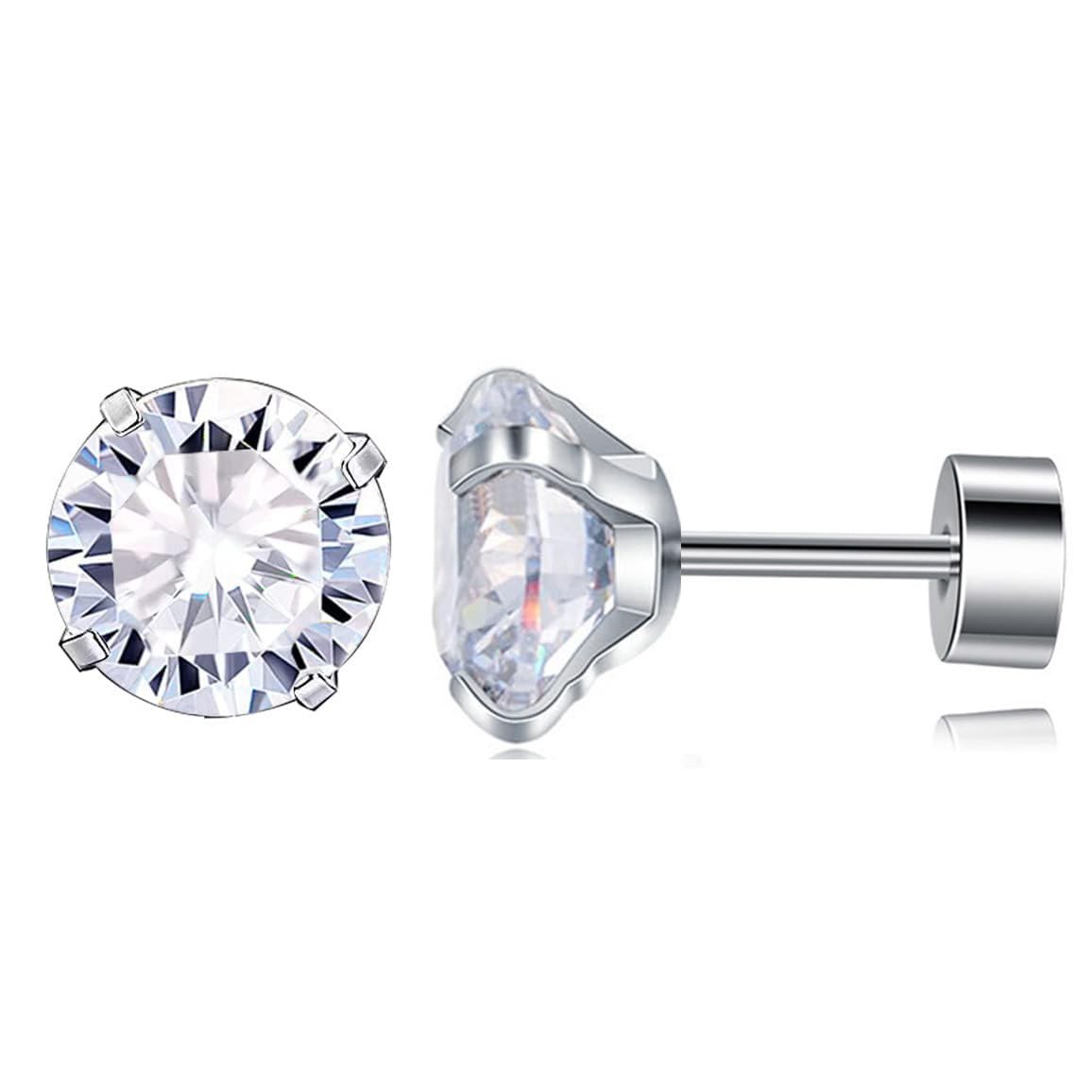 Titanium Screw Flat Back Earrings Cubic Zirconia Simulated Diamond CZ 316L Surgi