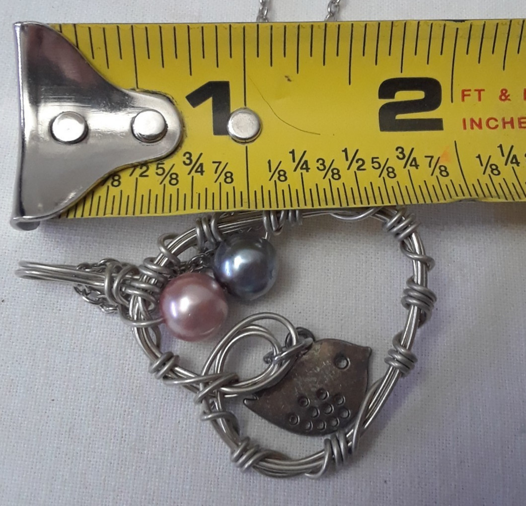 Handcrafted Heart Shape Silver Tone Necklace with Bird & Two Faux Pearls 24in