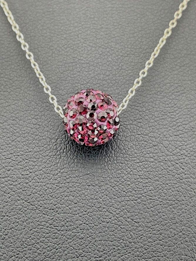 925 STERLING SILVER PURPLE CRYSTAL PAVE BEAD NECKLACE 18″ BOHO CASUAL 3434