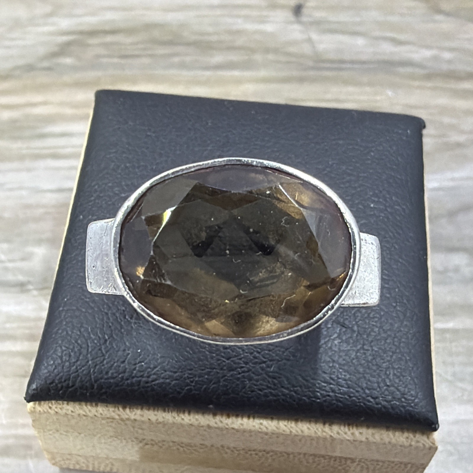 LAXMI Modernist 925 Sterling Silver Square Oval Brown Smokey Quartz Ring Sz 6