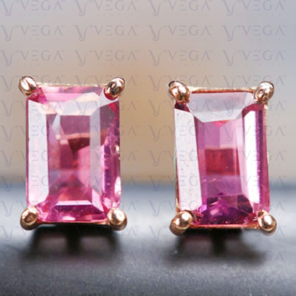 3.00Ct Emerald Cut Natural Tourmaline Solitaire Stud Earring 14K Solid Rose Gold