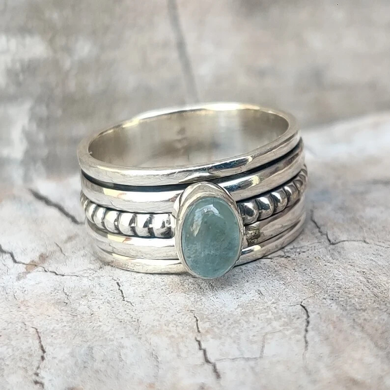 Aquamarine Spinner, 925 Sterling Silver, Gemstone Ring, All Occasion All size