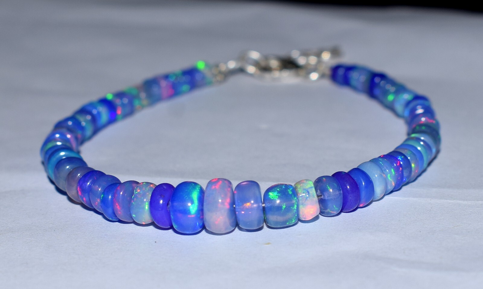 Solid 925 Sterling Silver Natural Ethiopian Opal Fire Opal Beads 7.5″Bracelet