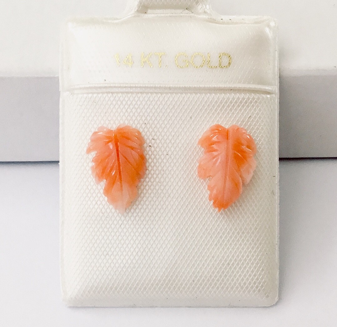 Solid 14K Gold Genuine Pink Coral Hand Carved Leaf Stud Earrings NEW