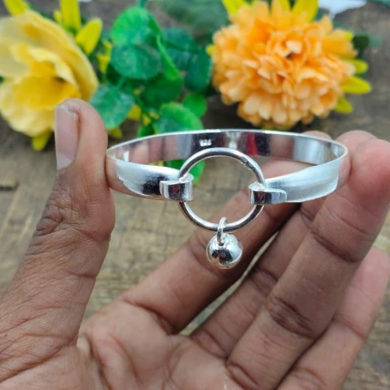 Modern 925 Silver Bangle with Ring Charm Minimalist Open Cuff Woman Bracelet Z09