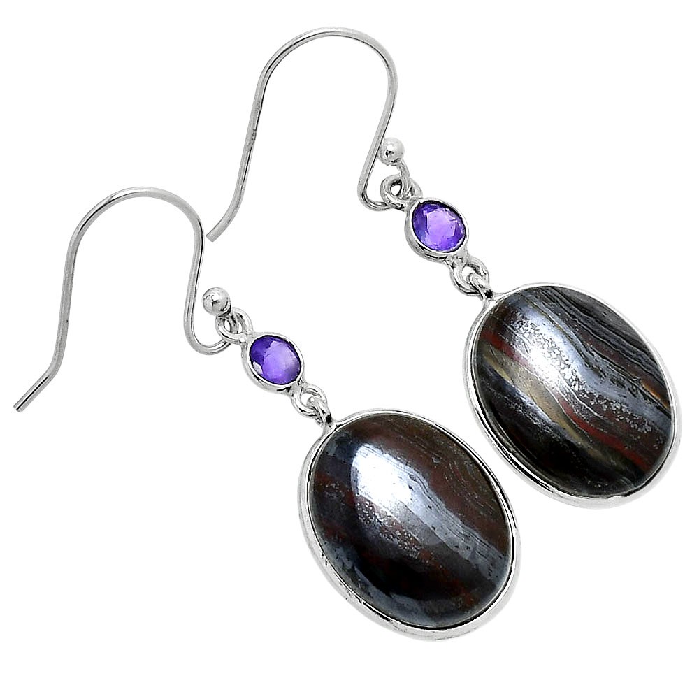 Premium Iron Tiger Eye & Amethyst 925 Sterling Silver Earrings Jewelry E-1002