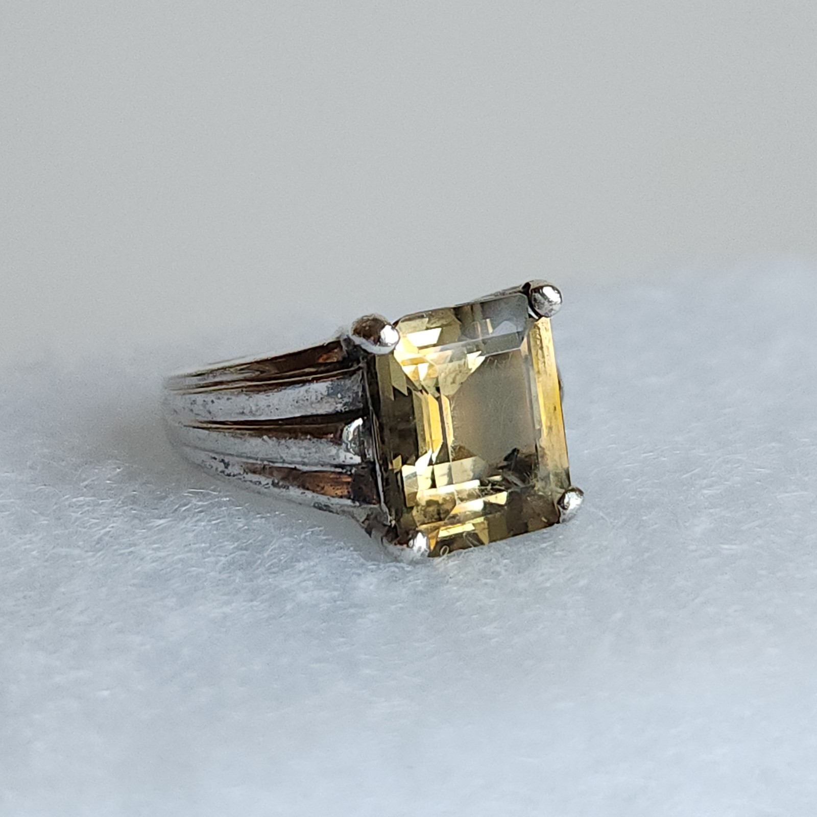 925 Sterling Silver Size 5.5 Lemon Quartz Ring, Emerald Cut 7.5 Ct Solitaire