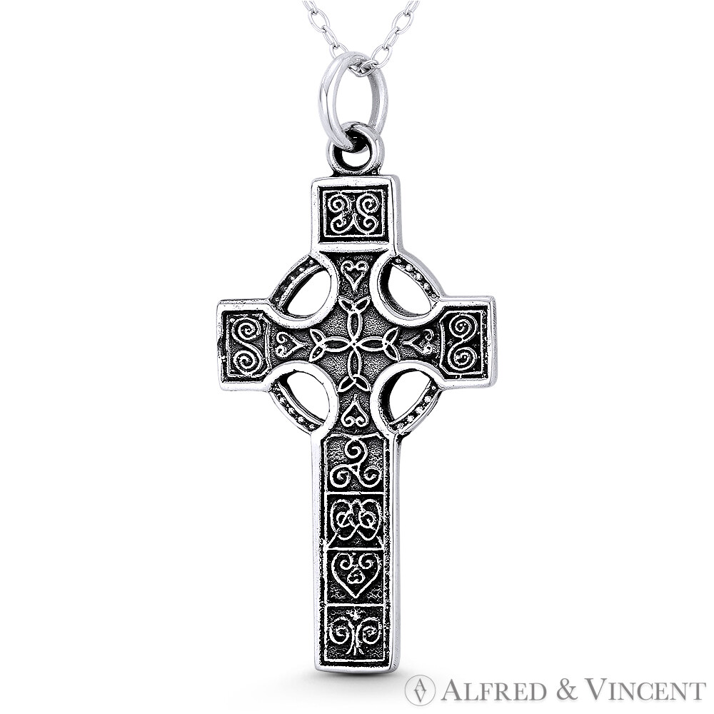 Irish Gaelic Celtic Knot Triskellion Oxidized .925 Sterling Silver Cross Pendant
