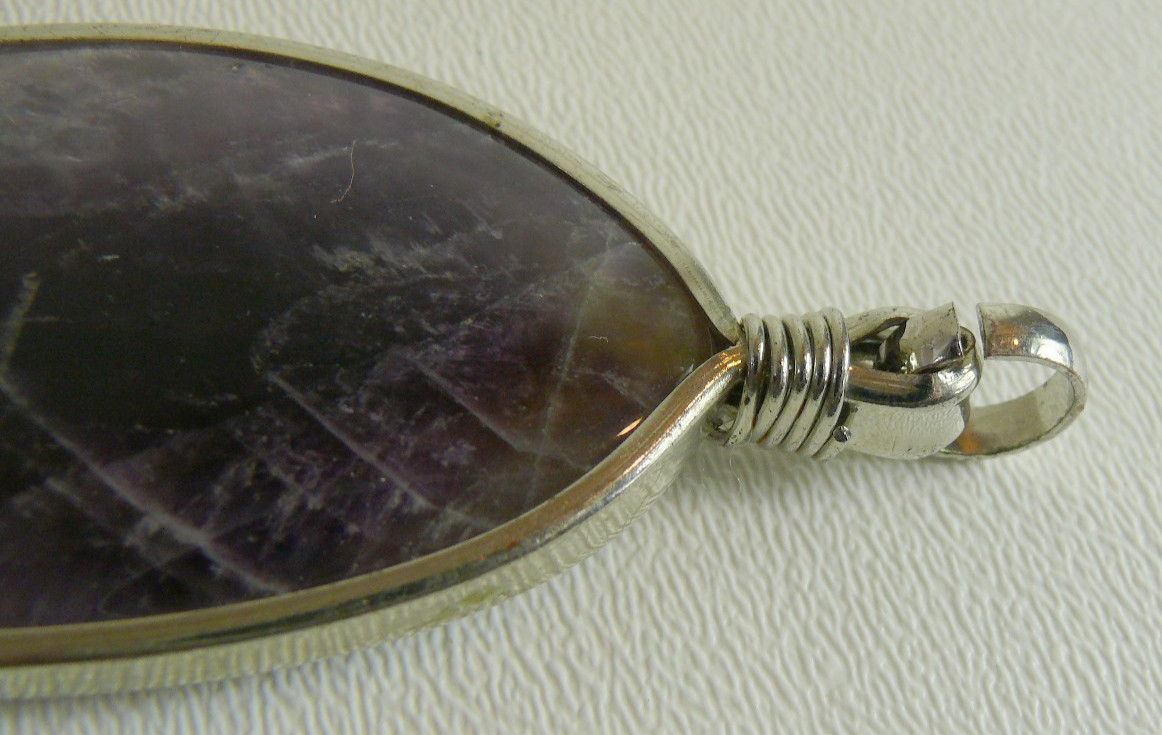 Large Teardrop Amethyst with wire wrap design chevron purple pendant silver 3″