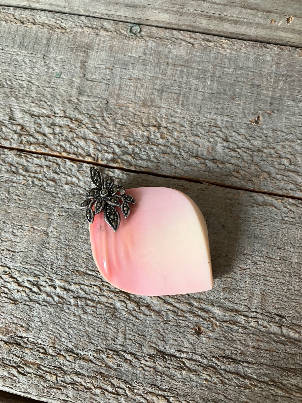 925 Sterling Silver & Pink Conch Marcasite Flower Pendant 2.5”