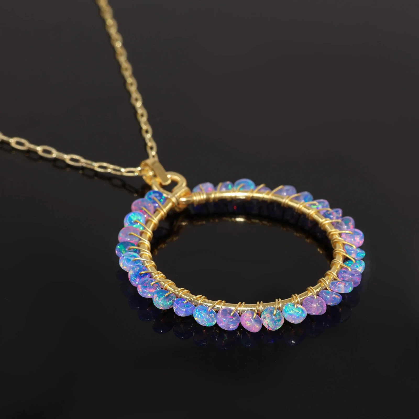 Fire Lavender Opal Gemstone Circle Pendant Necklace, Gold Wire Wrapped Ethiopian