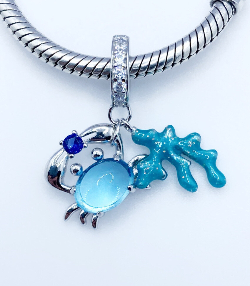 Crab With Seaweed Dangle Charm Sea Life Ocean Genuine 925 Sterling Silver 💖