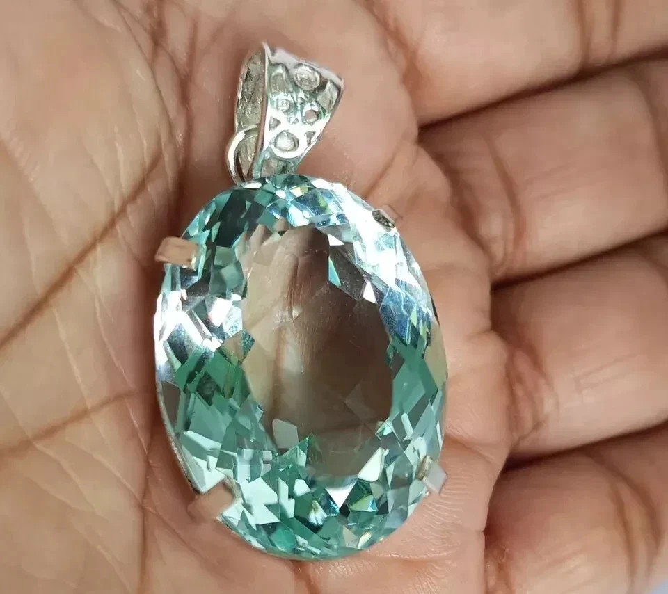 Certified 95 Ct Natural Aquamarine Topaz 925 Solid Silver Pendant Oval Gemstone