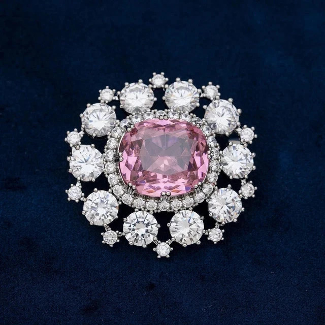 3Ct Cushion Cut Lab-Created Pink Sapphire Women’s Brooch 14K White Gold Plated