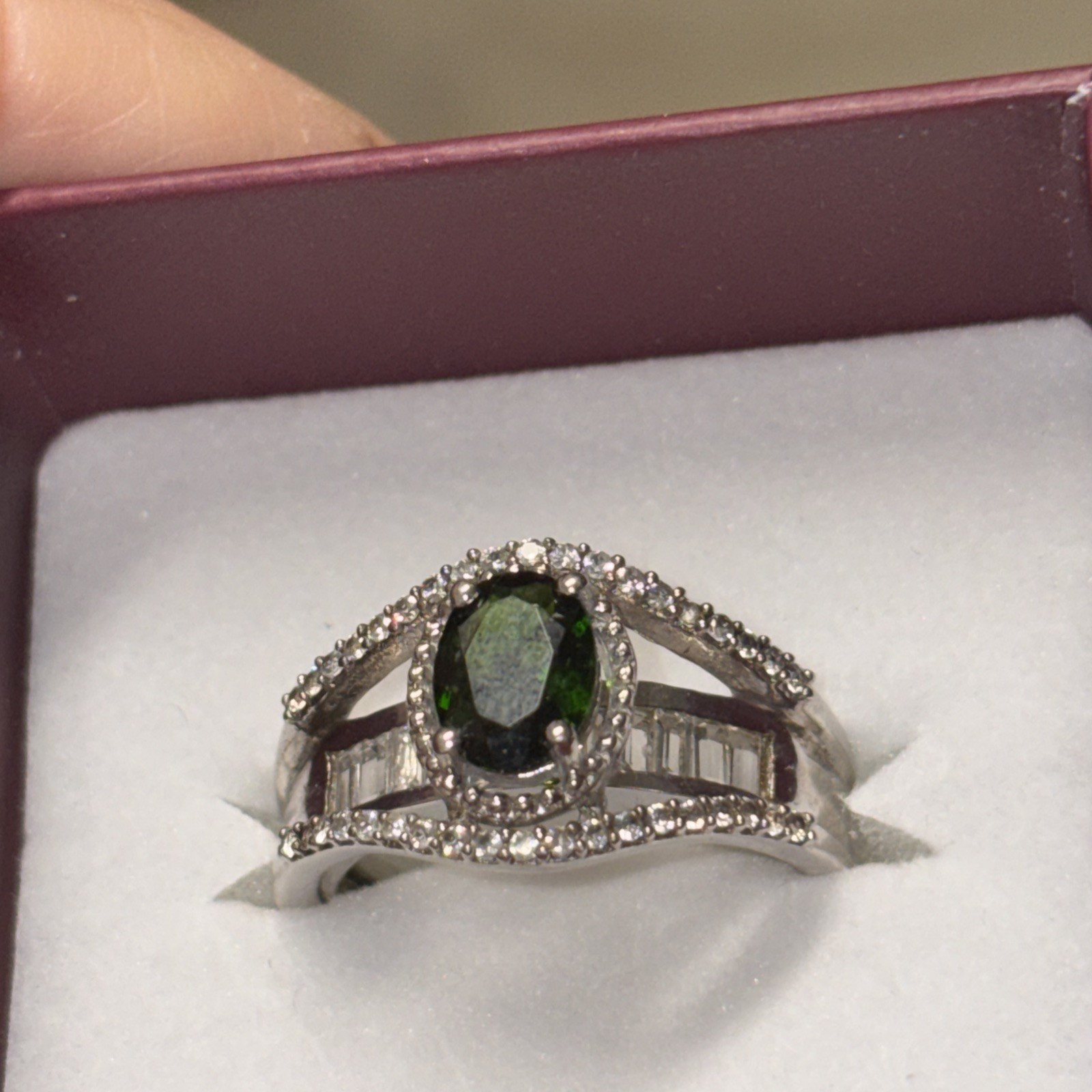 925 Sterling Simulated Emerald Colored Stone, Size 7.5 To 8.0 Very Nice
