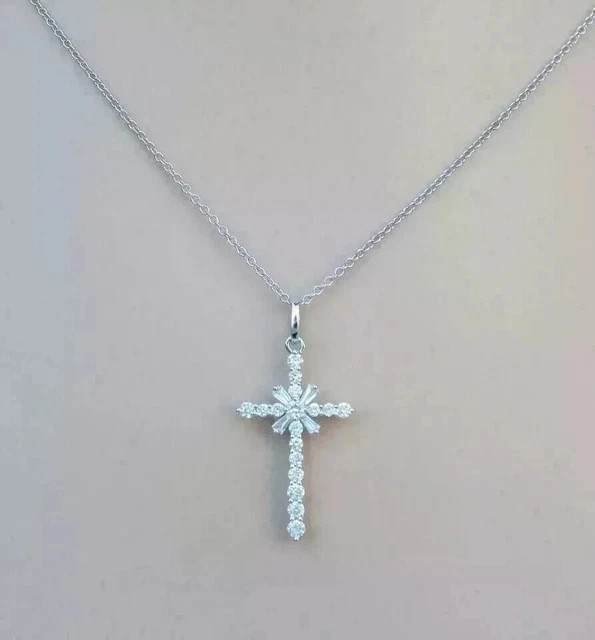 2Ct Round Cut Real Moissanite Women’s Cross Pendant In 14K White Gold Plated