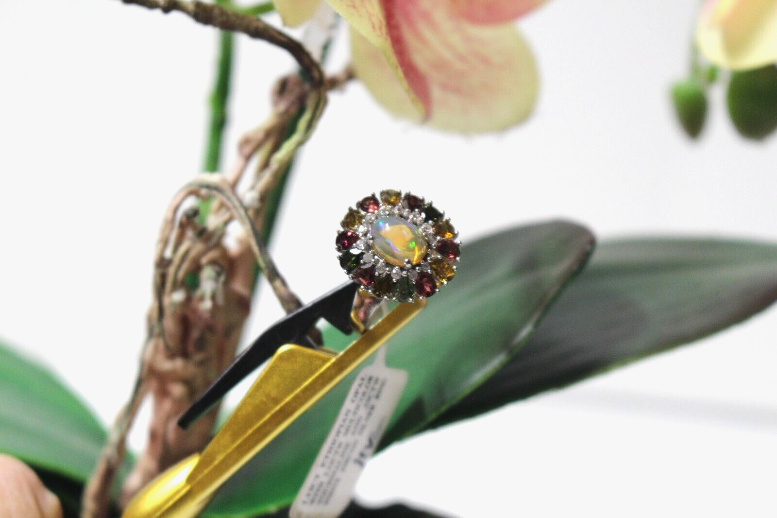 Ethiopian Opal with Multi-colored Tourmaline and White Zircon Ring SIZE 8 NWT