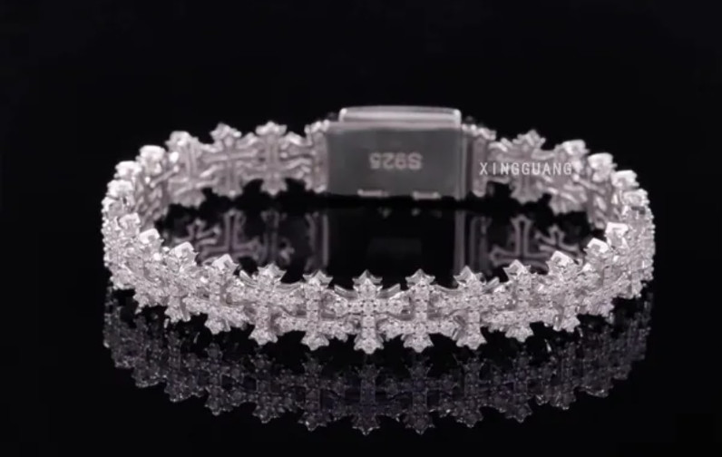 925 Sterling Silver Cross Link Bracelet VVS Moissanite Iced Out 8 in