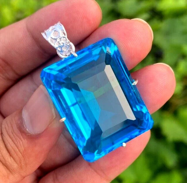 100 Ct+ Certified Natural Blue Emerald Topaz 925 Solid Silver Pendant Gemstone