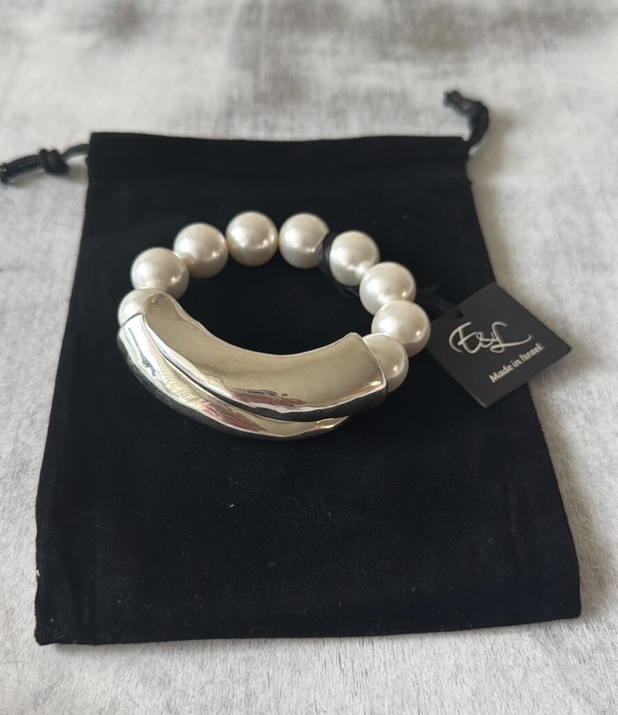 E&L Statement Sterl Silver Pearl Shell Oversized Bracelet Magnetic Cls Israel ne