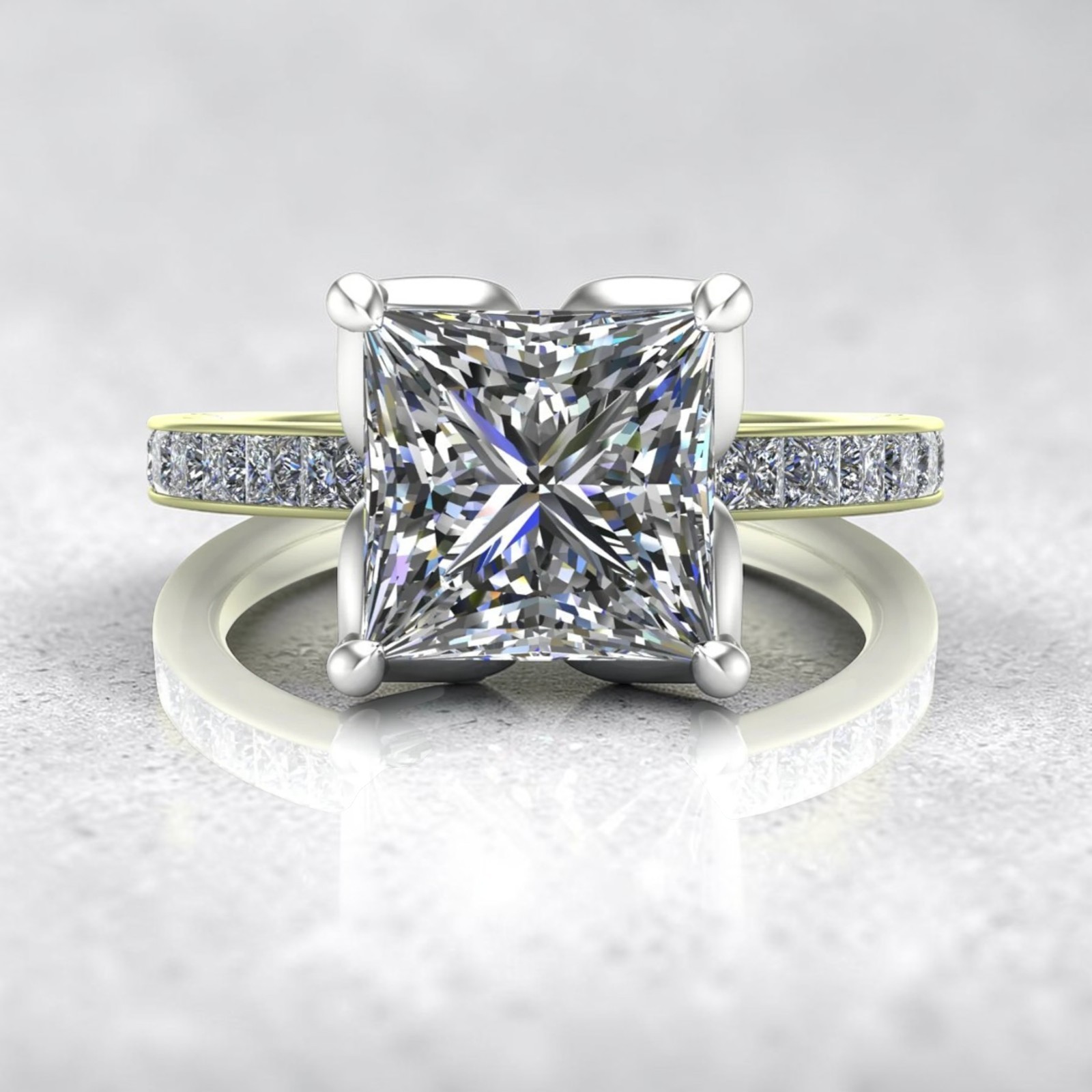 14K Multi-Tone Gold IGI Lab Created Diamond Engagement Ring Princess Cut 3.80 Ct